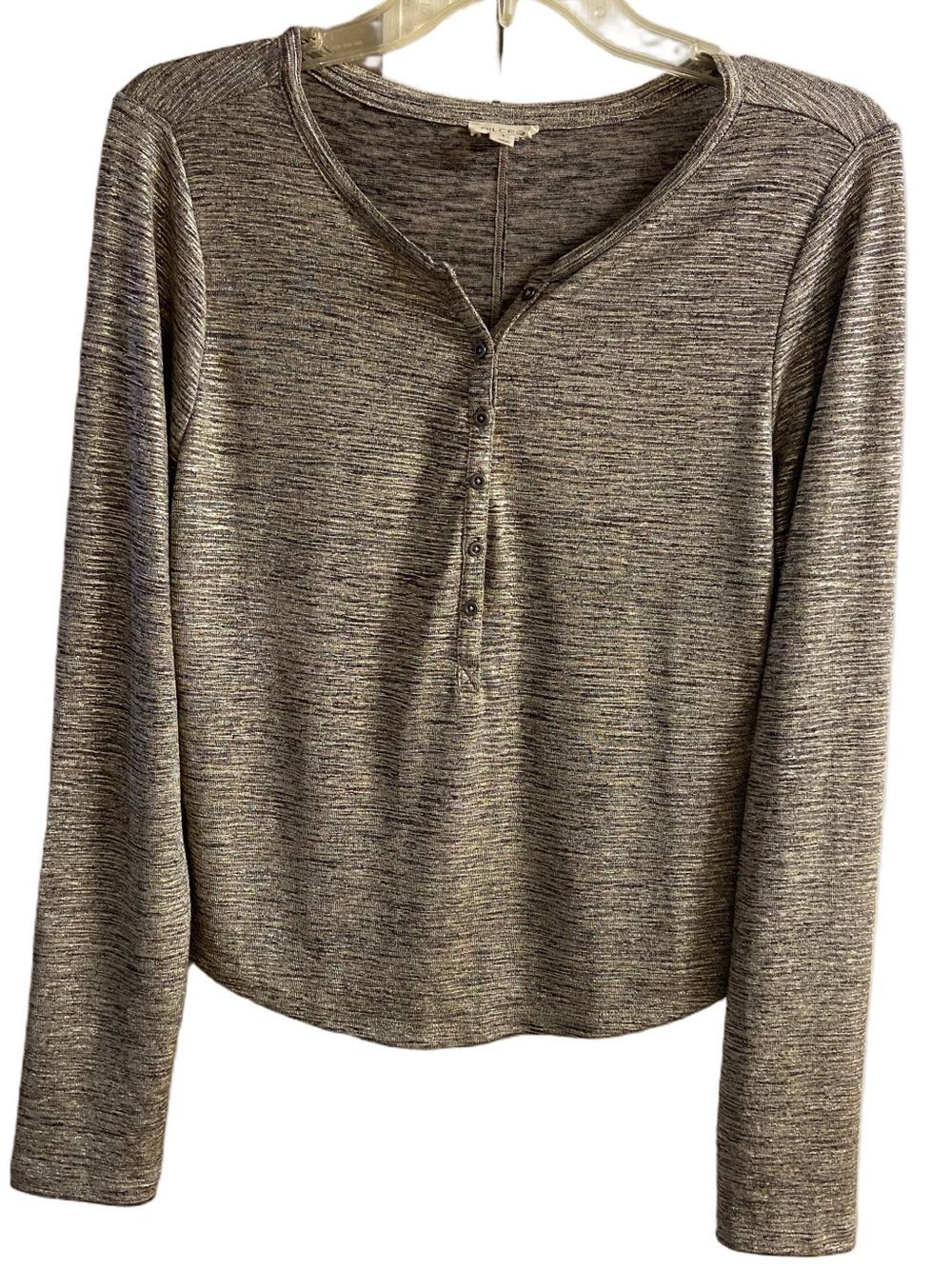 Pilcro Long-Sleeve Heathered Henley Top - Gray Beige Large